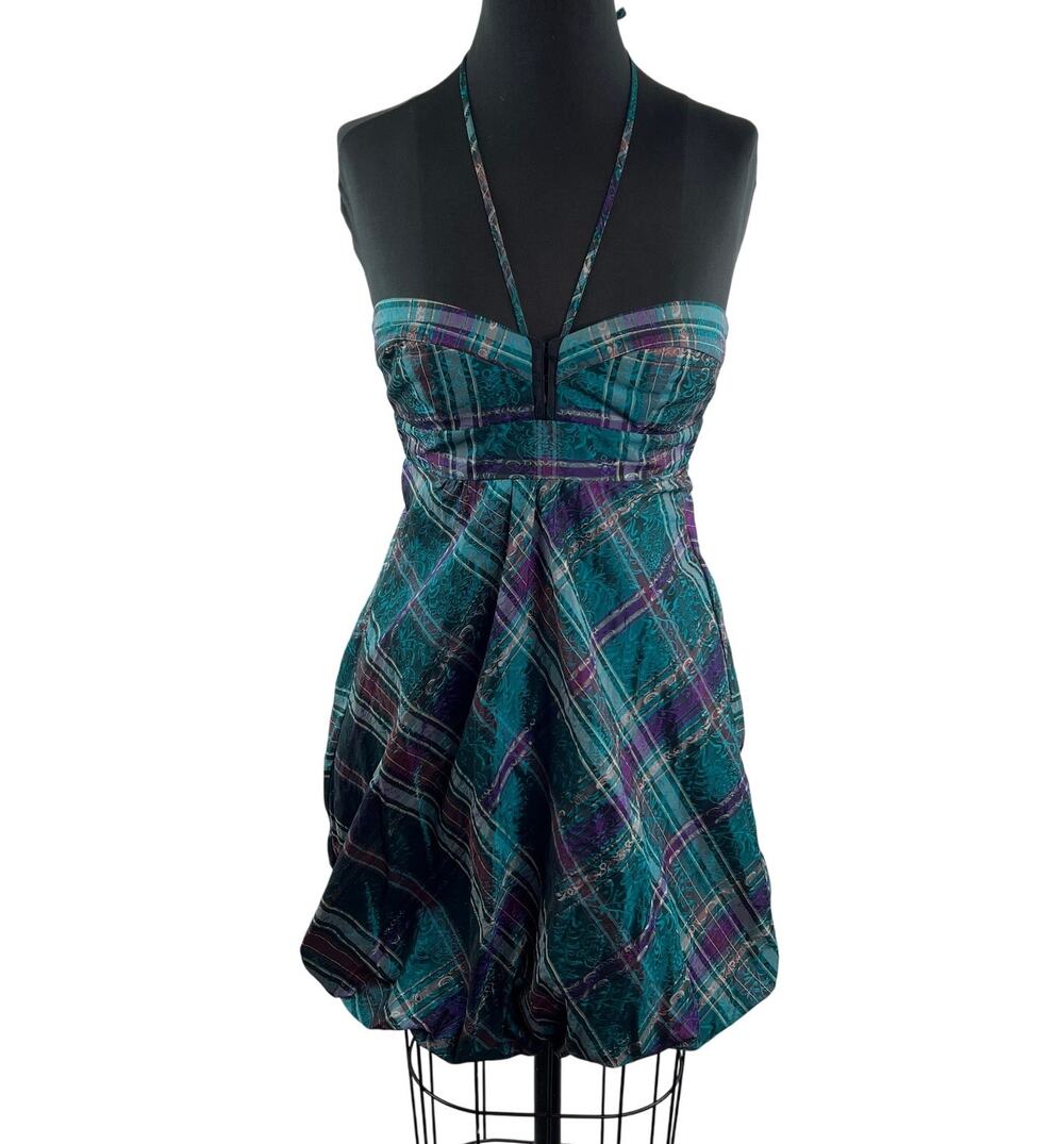 Camille La Vie Halter Plaid Bubble Dress Teal Purple Mini Jacquard Size XS